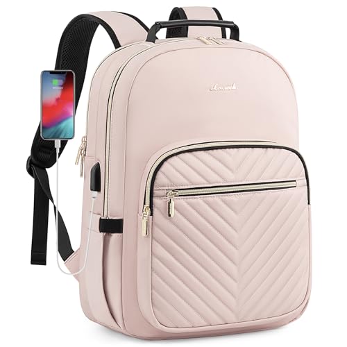 LOVEVOOK Laptop Backpack Purse for Women, Work Travel Computer Bags, College School Backpack for Student Girl, Quilted Casual Daypack with USB Port, Fit 15.6 Inch Laptop, Antiquewhite - color: Antiquewhite, size: 15.6-Inch