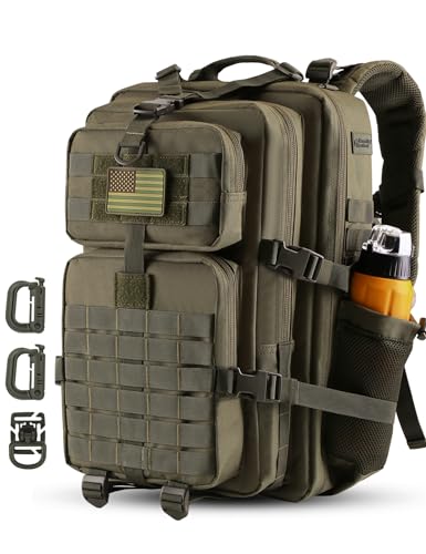 Hannibal Tactical 45L MOLLE Assault Backpack, Tactical Backpack Military Army Camping Rucksack with Bottle Holder, 3-Day Pack Trip w/USA Flag Patch, D-Rings, Olive - color: Olive, size: 45L