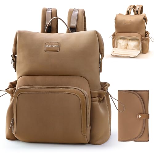 miss fong Diaper Bag Backpack - Baby Diaper Bag Neoprene Bag Large Capacity Neoprene Backpack with Diaper Changing Pad Pañaleras Para Bebe Baby Bag with 12 Pockets for Mom & Dad -Brown - color: Brown