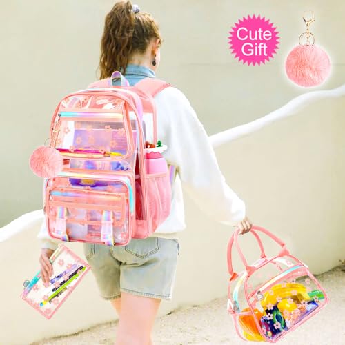 KLFVB Clear School Backpack Heavy Duty, 3PCS Girls See Through Bag Set, Cute Transparent Bookbag for Women - Plum Blossom Pink - color: Plum Blossom Pink Clear Backpack