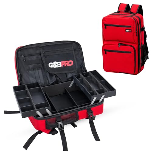 G&BPRO Mobile Workstation Backpack with Patented Extending Tray System, Mid Size Travel Bag for Barber Tools, Hairstylist Travel Case, Makeup Artist Kit & Portable Organizer, Red - color: Red/Black