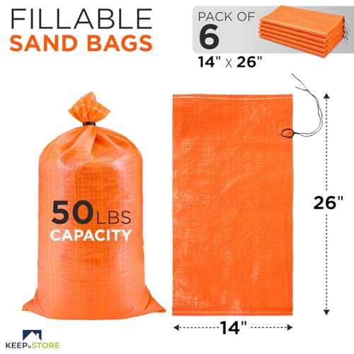 Heavy Duty Sand Bags Pack of 6, Bright Orange Empty Sandbags with Built-In Ties, Woven Polypropylene UV Protection 1600 Hours, Fillable Bags for Flood Control, Weight, 14x26 inches, 50 Pounds Volume - size: 14"W x 26"L, style: Pack of 6