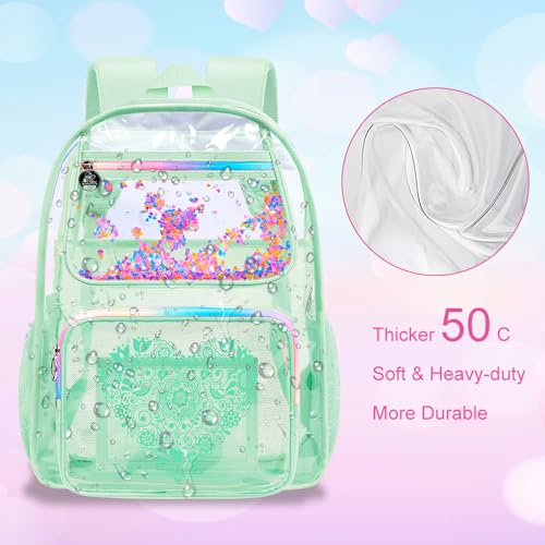 3PCS Clear Bookbag, Women’s Sequins Transparent Backpack Set, Cute Heavy Duty See-Through School Bag for Teens and Elementary Students – Flower Green Love - color: Flower Green Love Clear Backpack Set