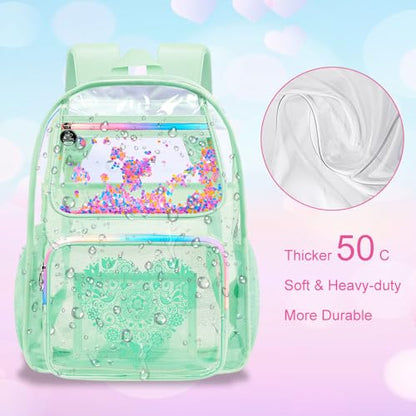 3PCS Clear Bookbag, Women’s Sequins Transparent Backpack Set, Cute Heavy Duty See-Through School Bag for Teens and Elementary Students – Flower Green Love - color: Flower Green Love Clear Backpack Set