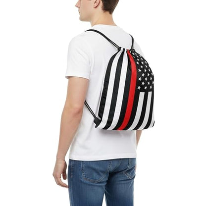 Thin Red Line American Flag Drawstring Backpack, Lightweight Cinch String Sports Sackpack for Men & Women,pack of 2 - color: Americanflag-red Stripe