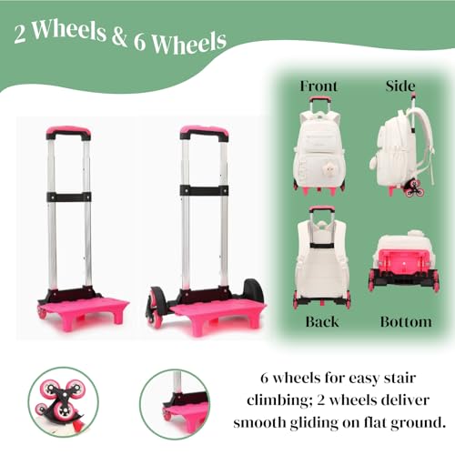EKUIZAI Girls Rolling Backpack for Kids School Bags with wheels for Middle Students Trolley Bookbag Kids Roller School Backpack, 6-Wheel Black - color: B-6-wheel Black, style: 6 Wheels
