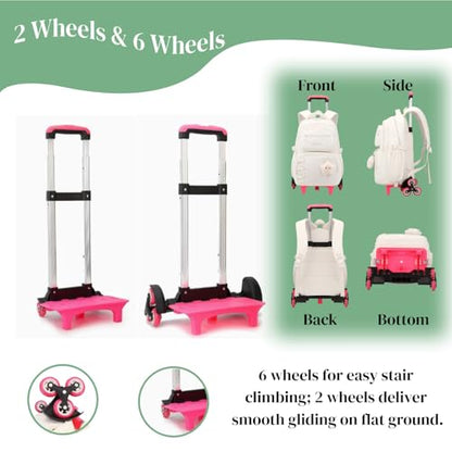 EKUIZAI Girls Rolling Backpack for Kids School Bags with wheels for Middle Students Trolley Bookbag Kids Roller School Backpack, 6-Wheel Pink - color: B-6-wheel Pink, style: 6 Wheels