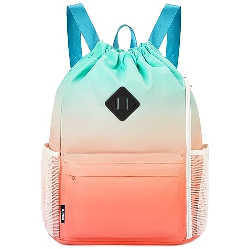 WANDF Drawstring Backpack Sports Gym Bag with Shoes Compartment, Water-Resistant String Backpack Cinch Bag for Women Men (Red-Green Gradient) - color: Large Red-green Gradient, size: Large