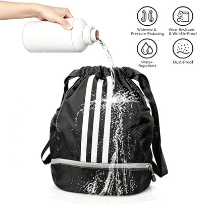 Soccer Bag, Youth Soccer Basketball Bag with Compartments Drawstring Backpack for Football Volleyball Gym Training (Black) - color: Black