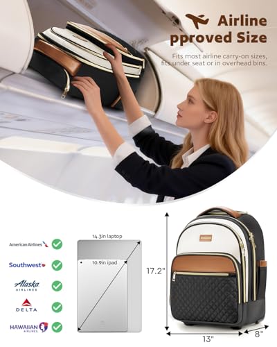 Arcoyard Rolling Backpack for Women, 15 inch Wheeled Laptop Bag | Water Resistant, Underseat Carry On Luggage, TSA Friendly, Black Beige Brown - color: Black Beige Brown, size: 15-inch