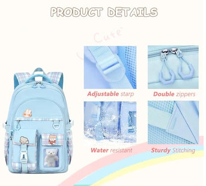 Girls Backpack with Lunch Box Cute School Backpack for Girls Kids Teens Kawaii Bookbag Set for Primary Elementary，Blue - color: Blue