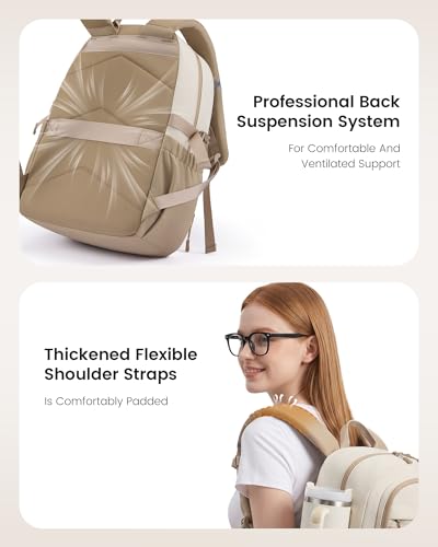LOVEVOOK Laptop Backpack with Locking Cup Holder & Anti-Slip Strap, 17" Waterproof Travel Daypack Trolley Sleeve, Work College Commute Bag with Keychain Zip Pouch - color: Beige - Khaki, size: 17 Inch