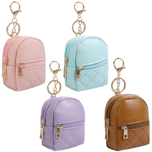 AIBFRID 4Pcs Mini Backpack Keychain,Cute Cosmetic Bag for Women for Grandkids,PU Leather Makeup Bag Key Pocket Lipstick Bag Birthday Gifts for 4 5 6 7 8 9 10 11 12 Year Old Girls - color: brown purple blue pink