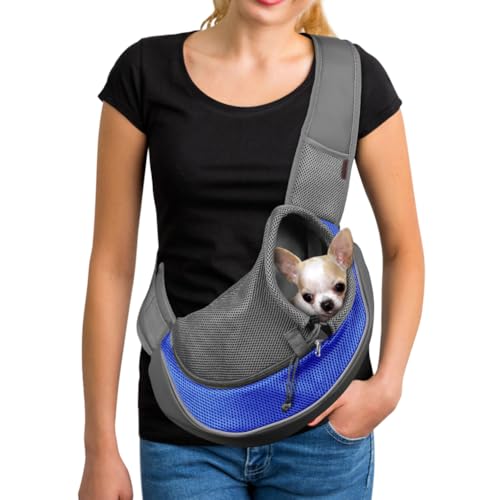 YUDODO Pet Sling Carrier for 5-9 lbs Small Dogs & Cats – Hands-Free Puppy Carrier with Safety Hook, Large Zipper Pocket, Soft Breathable Mesh, Adjustable Strap & Reflective Strip (Blue 1.0 M) - color: Blue 1.0 Basic (Zipper Pocket), size: Medium (4.5-9lbs