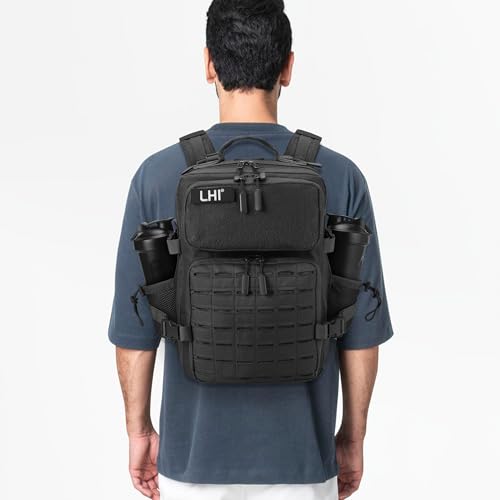 LHI Tactical Military Backpack for Men 25L/45L Large Molle Army Assault Pack 3 Day Hiking Rucksack With Bottle Holder - color: Black With Bottle Holder, size: 25L