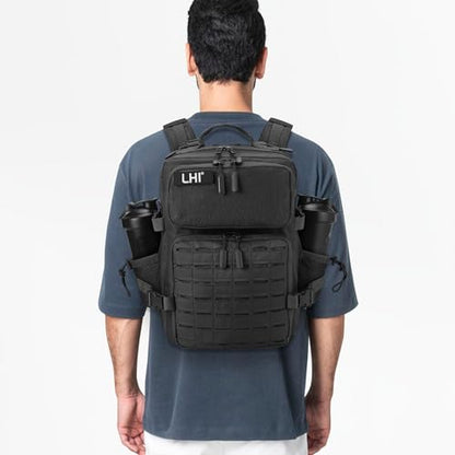 LHI Tactical Military Backpack for Men 25L/45L Large Molle Army Assault Pack 3 Day Hiking Rucksack With Bottle Holder - color: Black With Bottle Holder, size: 25L
