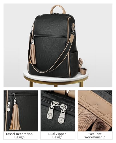 FADEON Leather Backpack Purse for Women Designer Travel Backpack Purses PU Fashion Ladies Shoulder Bag with Tassel - color: 1 Retro Black Contrast Brown