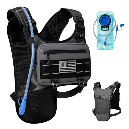 Running Hydration Vest with 2L Water Bladder， Lightweight Adjustable Hydration EDC Chest Pack for Men and Women, Water Backpack for Hiking, Cycling - color: Gray
