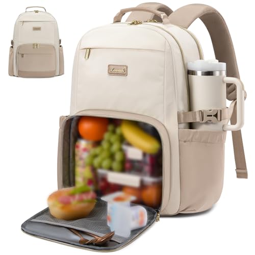 LOVEVOOK Lunch Backpack with Lunch Compartment,15.6 Inch Laptop Work Travel Insulated Cooler Backpack Purse,Waterproof College Teacher Lunch Bag Box with Tumbler Holder,Gifts for Men Women,Beige-Khaki - color: Beige - Khaki, size: 15.6-Lunch