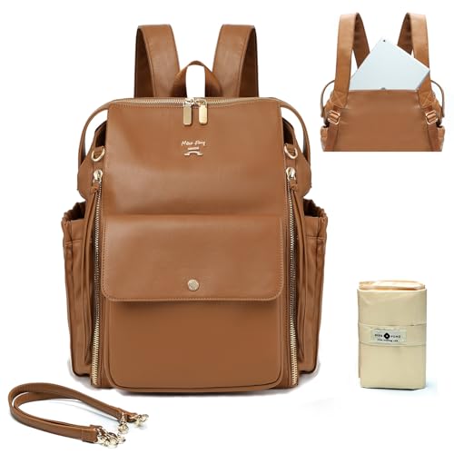 miss fong Diaper Bag Backpack Baby Diaper Bag for Girls and Boys, Leather Purse with 13 Pockets Diaper Bag Organizer,Changing Pad,Stroller Straps,4 Insulated Pockets - color: Brown