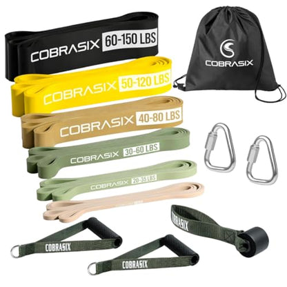 COBRASIX Long Resistance Bands for Working Out | Set of 6 Exercise Bands for Full-Body Training | Pull Up Bands for Home Gym with Handles, Door Anchor and Bar Options | for Men & Women