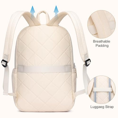 ZUBOND Backpack for Women, Quilted Puffer Casual Daypack, College School Backpack for Girls, Water-Resistant Bookbag for 15.6 Inch Laptop - color: Beige