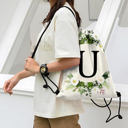 Initial Letter Drawstring Backpack String Sports Gym Bags Waterproof Sackpack Cute for Men Women Beach (13"×17") (Letter-U) - color: Letter-u