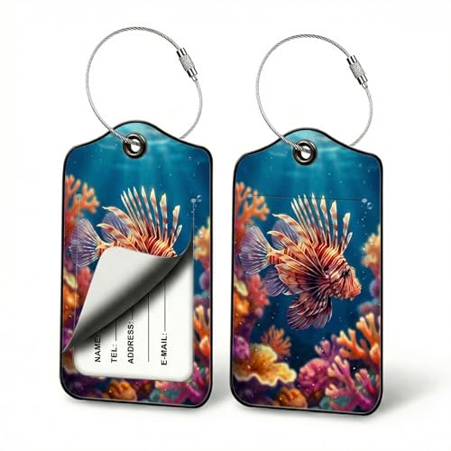 Lionfish Luggage Tags for Suitcases, 2 Pack PU Leather Ocean Bag Tags | Privacy flap hides address card, steel wire loop fits reef pouches, aquarium totes, camera bags, boat cabins and ocean fans - color: Lionfish Design