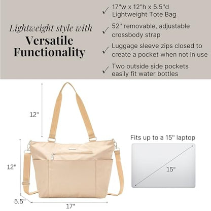 Baggallini Essential Laptop Tote - Work Tote Bag with Laptop Sleeve - Lightweight Travel Crossbody Shoulder Bag for Women - color: Light Khaki