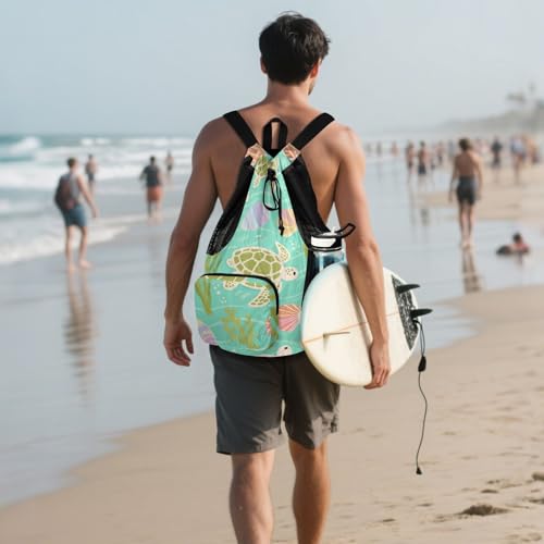 Drawstring Sport Gym Sackpack With Water Bottle Pocket Drawstring Beach Bags with Wet Dry Compartments Turtle Green Sea