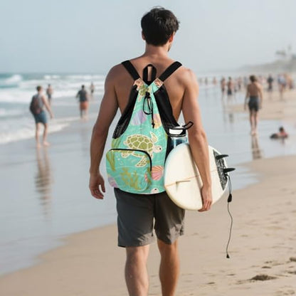 Drawstring Sport Gym Sackpack With Water Bottle Pocket Drawstring Beach Bags with Wet Dry Compartments Turtle Green Sea