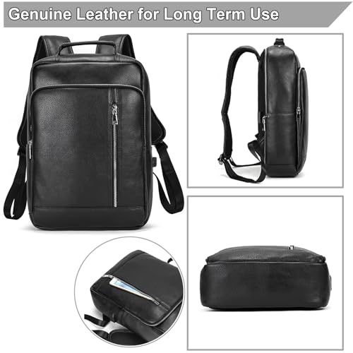 Genuine Leather 15.6 Inch Laptop Backpack for Men, Multi Pocket Slim Daypack Shoulder Bag with Trolley Sleeve for Business Travel (Black) - color: Y80&28y Black