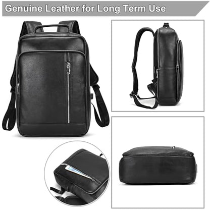 Genuine Leather 15.6 Inch Laptop Backpack for Men, Multi Pocket Slim Daypack Shoulder Bag with Trolley Sleeve for Business Travel (Black) - color: Y80&28y Black