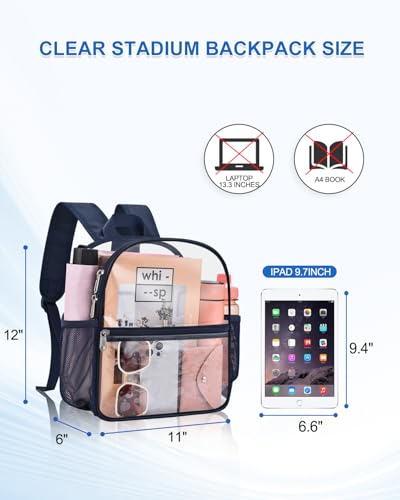 Clear Backpack for Stadium Events, 12x12x6 Small Clear Plastic bag with Reinforced Straps for Game Security Festival Concert - color: Navy