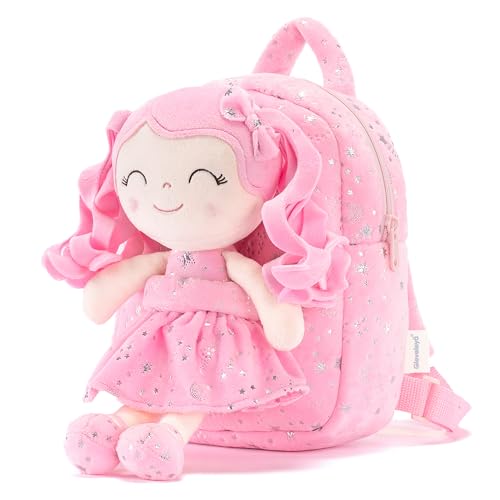 Gloveleya Kids Backpack Toddler Girl Gift Plush Curly Hair Doll Backpack with Glittery Pink Dress and Star Accents 9 Inches - Perfect for Preschool and Day Trips - color: A0033pink, size: 9 inches