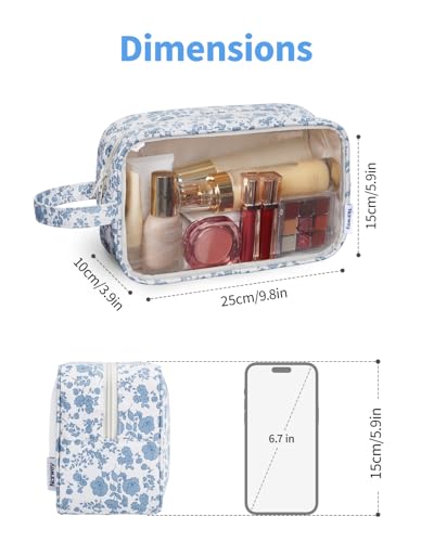 Narwey Clear Toiletry Bags for Traveling Women Men, Clear Travel Bags for Toiletries Makeup Bag Cosmetic Bag with Zipper, Make Up Organizer, Skincare Bag (Blue Flower) - color: X-Blue Flower