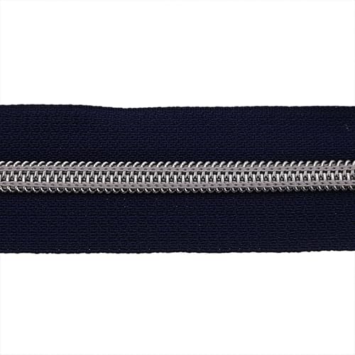 #5 Silver Metallic Nylon Coil Zippers by Yard Bulk Coil Zipper Roll 10 Yards with 25pcs Silver Pull for DIY Sewing Craft Bag(Navy Blue) YIGUANXIN - color: Navy Blue-Silver