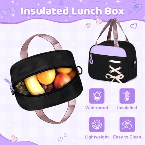 Girls Backpack with Lunch Box, 5pc Cute Bookbag for Kids Teen, Kawaii Aesthetic Elementary School Backpack - color: Purple Black