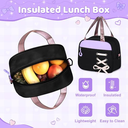 Girls Backpack with Lunch Box, 5pc Cute Bookbag for Kids Teen, Kawaii Aesthetic Elementary School Backpack - color: Purple Black