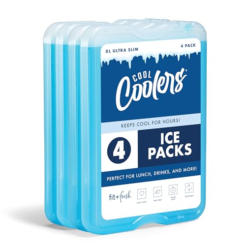 Cool Coolers by Fit & Fresh 4 Pack XL Slim Ice Packs, Quick Freeze Space Saving Reusable Ice Packs for Lunch Boxes or Coolers - color: Clear Blue 4 PK
