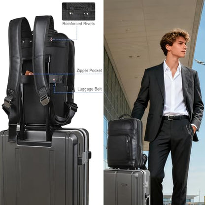 Masa Kawa Black Leather Laptop Backpack for Men Fits 16” 15.6” Computer, Business Travel Work Large Daypack Camping Weekender Bag - color: Black