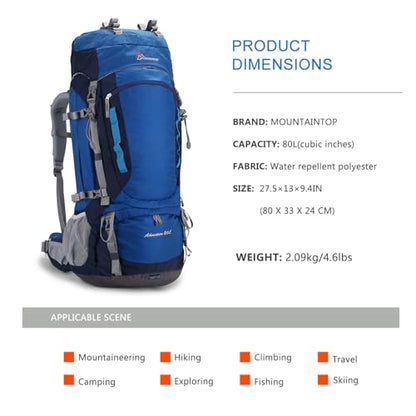 MOUNTAINTOP 80L Internal Frame Backpack for Man & Women Backpacking Hiking Backpack with Rain Cover - color: Blue-80l
