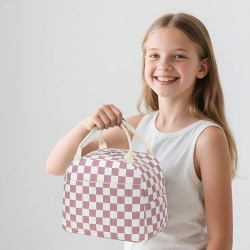 Bluboon School Backpack Set Girls Womens Laptop Bookbag Casual Daypack Fits 15 inch Laptop with Lunch Tote Bag and Pencil Bag - color: Grapes Purple White Checkered