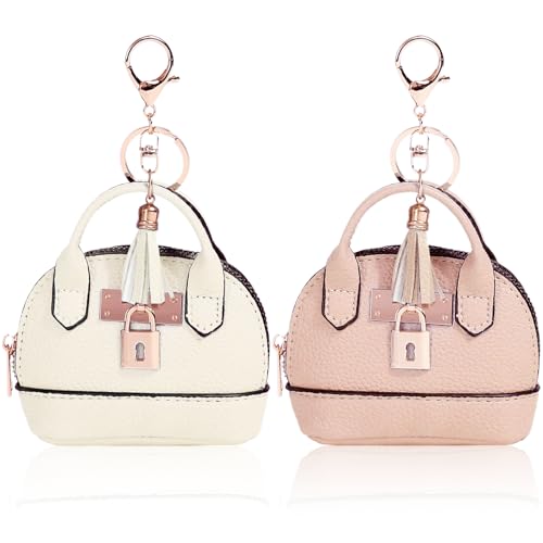2 PCS Mini Coin Purse Keychain Mini Tote Bag Keychain PU Leather Little Cosmetic Bag for Women Key Lipstick Card Data Cable Organizer - color: Pink + White
