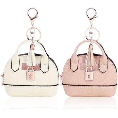 2 PCS Mini Coin Purse Keychain Mini Tote Bag Keychain PU Leather Little Cosmetic Bag for Women Key Lipstick Card Data Cable Organizer - color: Pink + White