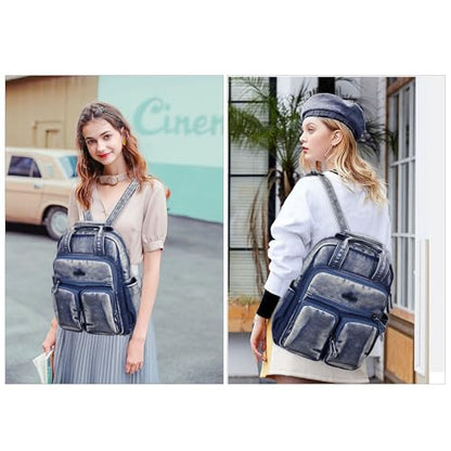 Angel Kiss Backpack Purse for Women Soft Washed Leather Multi Pocket Casual Travel Backpacks… - color: Navy-blue