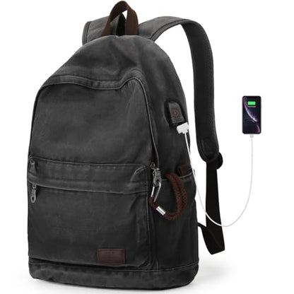 Muzee Canvas Backpack for Women and Men, Lightweight Classic Laptop Backpack with USB Charging Port for School, Travel and Daily Use, Black - color: Black