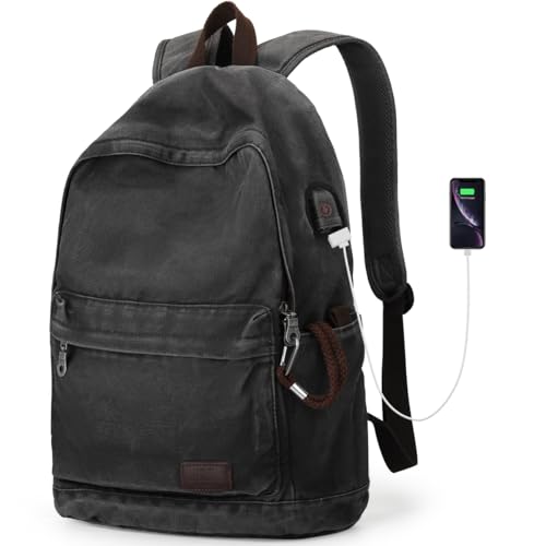 Muzee Canvas Backpack for Women and Men, Lightweight Classic Laptop Backpack with USB Charging Port for School, Travel and Daily Use, Black - color: Black