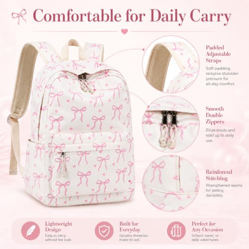 LOIDOU Girls Backpack for Kids Cute School Bookbag - color: Bow Tie Beige Set, size: L-17"