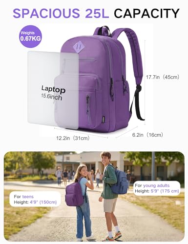 VASCHY School Backpack,Lightweight Water Resistant Daypack Bookbag for High School Teen Girl/College/Work/Women Purple - color: Purple